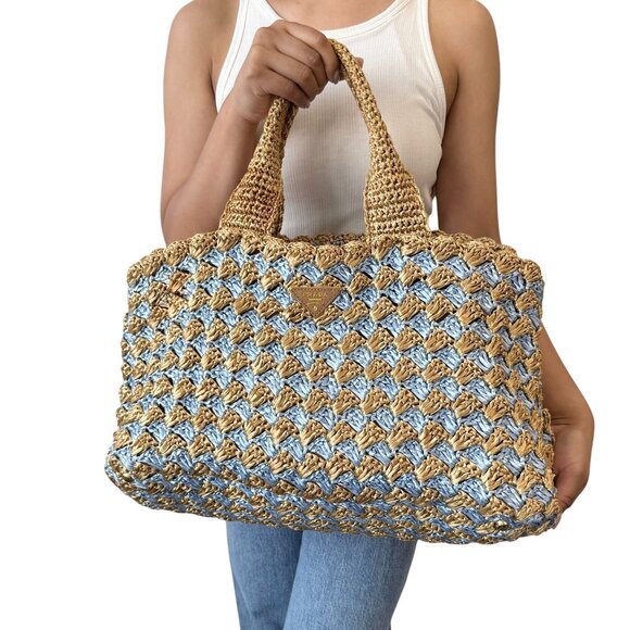 PRADA Vintage Logo Raffia Tote Bag Stripe Light Blue Beige Polyethylene [105534] - Picture 1 of 16